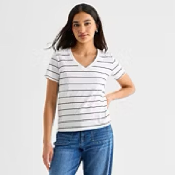 Tops - ANA jcpenney Women's White and Black Striped V-Neck Top medium nwt